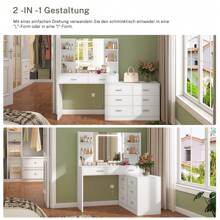 Dressing Table With LED Light Mirror & Socket For Valentine's Day Gift, 8 Drawers, 6 Shelves, 3 Color Modes & Adjustable Brightness Dressing Table, Corner Vanity, L-Shape Change, White