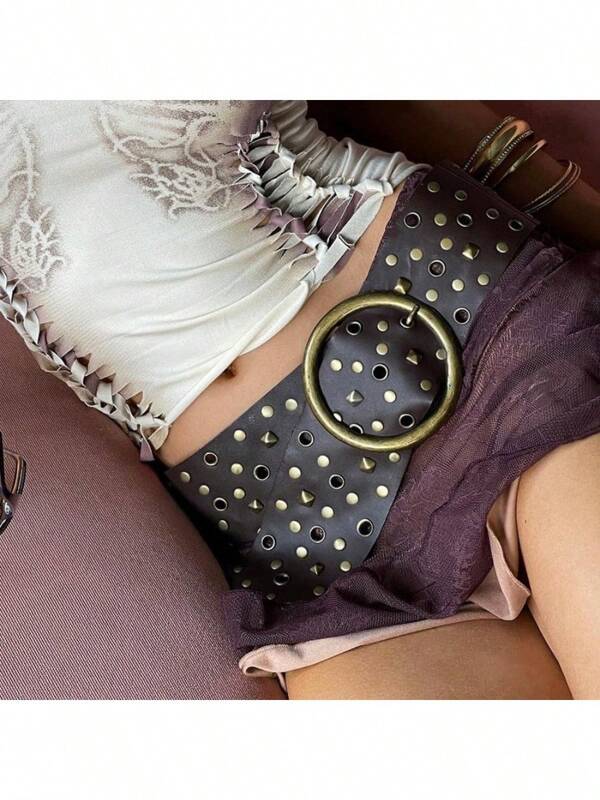 1 قطعة حزام معدني مجعد بطراز غربي قديم للنساء، باللون البرونزي المشوه مع سلسلة خصر، إكسسوار موضة مناسب للفساتين، مناسب للارتداء اليومي في الصيف والمدرسة والخريف وعيد الهالوين