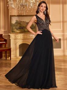 UNITHORSE [Random Cutout] Women's V-Neck Gradient Sequin Chiffon Waist Gathered Solid Color Elegant Party Dress, Wedding Dress, Formal Dress, Evening Dress, Birthday Women Outfits, Graduation Dress,Gown,Wedding Guest - 黑色 - 查看 6