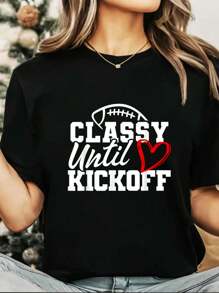 100% Cotton Funny Classy Until Kickoff Cute Super Football Bowl Heart T-Shirt Print Round Neck Short Sleeve T-Shirt For Women Casual, Summer , Women Top Graphic Tees Women Tops