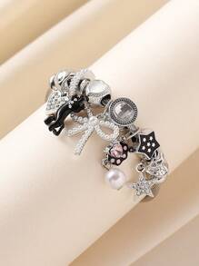 1pc Elegant Dreamy Rhinestone & Faux Pearl Black Cat Paw Print Bow Pendant Beaded Stainless Steel Bracelet, Suitable For Women's Banquet, Party, Date, Daily Wear, Gift For Girlfriend - Bow Black Cat Footprints - View 5
