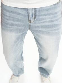 Men's Loose Straight Leg Jeans, Korean Fashion Casual Straight Cut Solid Color Wide Leg Pants - Rửa nhẹ - Xem 4