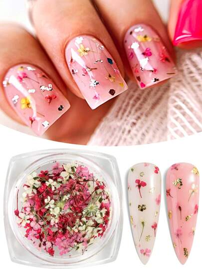 1pc Mixed Color Floral Nail Art Decoration: White And Pink Cute Small Floral Petals, Baby's Breath Flowers DIY Gel Nail Polish - Create Charming And Stylish Japanese And Korean Nail Art Decorations, Nail Salon Accessories, Nail Supplies