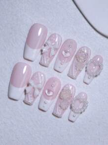 3D 心形蝴蝶结指甲饰淡粉色手工指甲甜美可爱美甲设计 100% 手工制作按压指甲 10 片棺材色中长指甲片指甲可重复使用假指甲适合四季美甲设计礼物送给女孩的美甲用品指甲