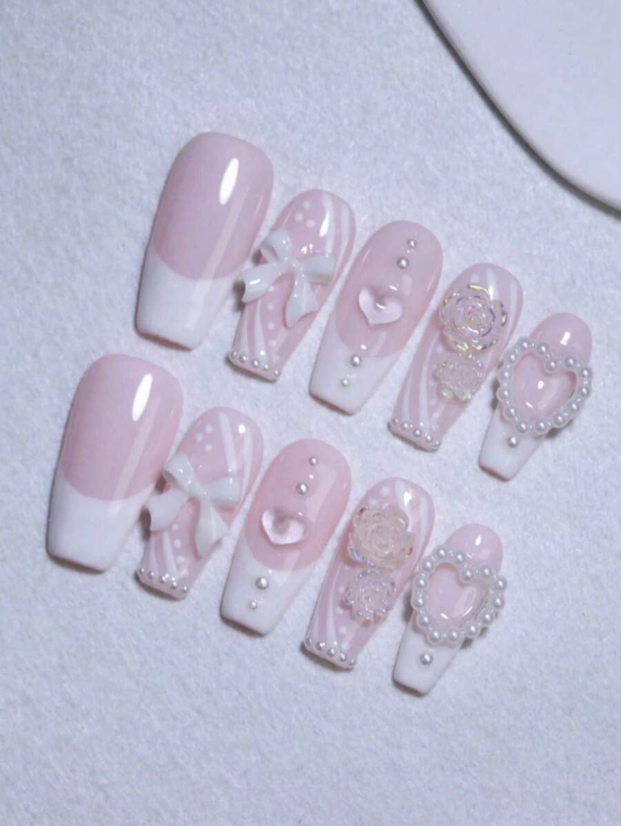 3D 心形蝴蝶结指甲饰淡粉色手工指甲甜美可爱美甲设计 100% 手工制作按压指甲 10 片棺材色中长指甲片指甲可重复使用假指甲适合四季美甲设计礼物送给女孩的美甲用品指甲