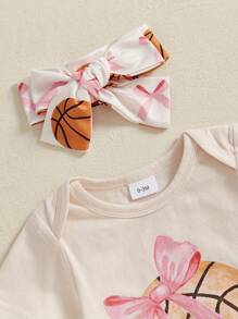 Ropa de verano para niñas, mono de manga corta con cuello redondo, pantalones acampanados con estampado de baloncesto y diadema - Caqui - Ver 4