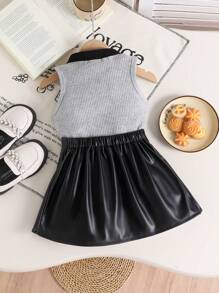 Ung flicka Fashionabla och eleganta ärmlös topp + plisserad kjol, sommar - Grå - Visa 3