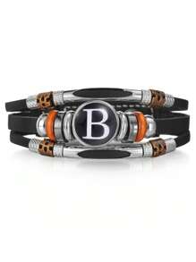 1pc 26 Piece Leather Alphabet Bracelet, Men/Couples Fashion Handmade Beaded Multilayer Punk Wristband, Birthday Wedding Gift, Daily Wear - Black - View 7