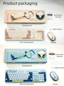 MOFII Ergonomic 2.4G Plug And Play Wireless Keyboard Mouse Combo 104 Keys Cute Cat Keyboard Coloful Retro Round Keycaps Keyboard With Silent Mouse For Win7/8/10/XP