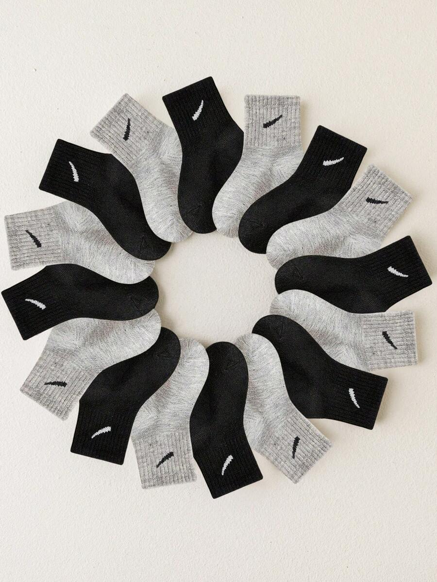 8 Pairs/Set Random Mixed Color Kids Socks, Black Versatile, Grey Baby Mid-Calf Socks With Diagonal Stripe Pattern, Suitable For Casual Daily Wear - Multicolor - View 1