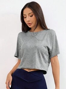 1 pieza Camiseta deportiva de cuello redondo, manga corta, escote cruzado y espalda descubierta, corte suelto, para yoga, gimnasio y fitness, de tela delgada y transpirable, para primavera/verano