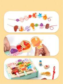 Asador para barbacoa multifuncional y divertido para niños de 3 en 1, juguetes de cocina interactivos para padres e hijos, set familiar simulado, bloques de construcción con cuentas, juegos de cuerdas musicales, juguetes familiares para niños y niñas, regalos de cumpleaños y navidad, disponible en opciones azul y rosa - Multicolor - Ver 8