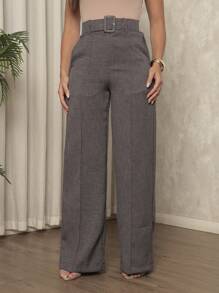 Women's Linen Material Trousers With Belt - Grey - View 3