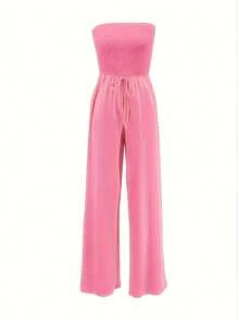 Womens Jumpsuit Casual Summer Strapless  Rompers Loose Jumpsuit With Pockets - Hồng - Xem 3