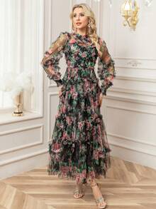 Ruffle Heavy Mesh See-Through Print Waisted Puffy Swing Long Dress Design Dress - Multicolor - View 2