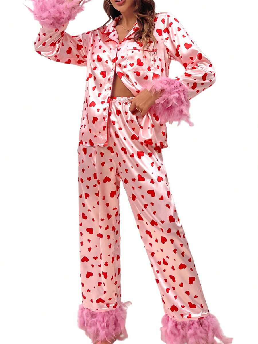 Satin Heart Print Pajama Set Women Long Sleeve Feather Tim Love Pjs Set Button Shirt Top Pants Set Loungewear - 粉色 - 查看 1