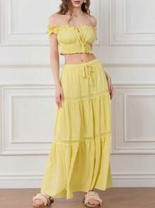 Womens Two Piece Summer Outfits Off Shoulder Frill Trim Crop Tops And Long Skirt Set Beachwear