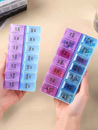 3个/1个 14格蓝紫色便携式药盒，方便旅行，大容量防潮密封药盒，带盲文，7天早晚用药分装盒，旅行必备