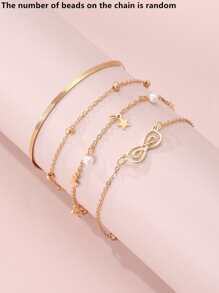 4pcs/Set Girls' Pearl Flower Circle Bracelet Set, Handmade Beaded Chain Asymmetrical Pieces - Gold - View 1