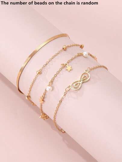 4pcs/Set Girls' Pearl Flower Circle Bracelet Set, Handmade Beaded Chain Asymmetrical Pieces