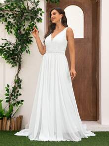 Elasola Vestido de novia de talla grande para mujer, vestido de longitud hasta el piso, de chifón romántico bordado con encaje