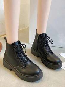 Boots, Women's Ankle Boots, Black Boots, Laces And Side Zippers On The Front, And A Non-Slip Texture On The Sole Is Evident. - 黑色 - 查看 2