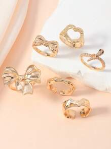 6pcs Set Rhinestone Snake Ring, Bow And Heart Shaped Knuckle Rings, Suitable For Women's Daily Casual And Party Wear Valentines,Mom,Mother,Mother's Day,Gift