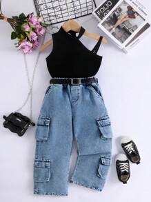 Ensemble de 2 pièces pour jeunes filles à la mode pour l'été: T-shirt sans manches de couleur unie et pantalon cargo en jean multi-poches