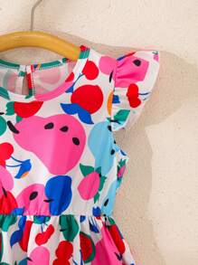 Young Girls Cartoon Fruit All Over Print Cap Sleeve Round Neck Dress