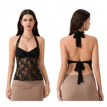 Beauace Women Tank Tops Lace Tie Up Halter Neck Sleeveless Vests Summer Casual Slim Fit Y2k T-Shirts Cami Tops Streetwear - Black - View 2