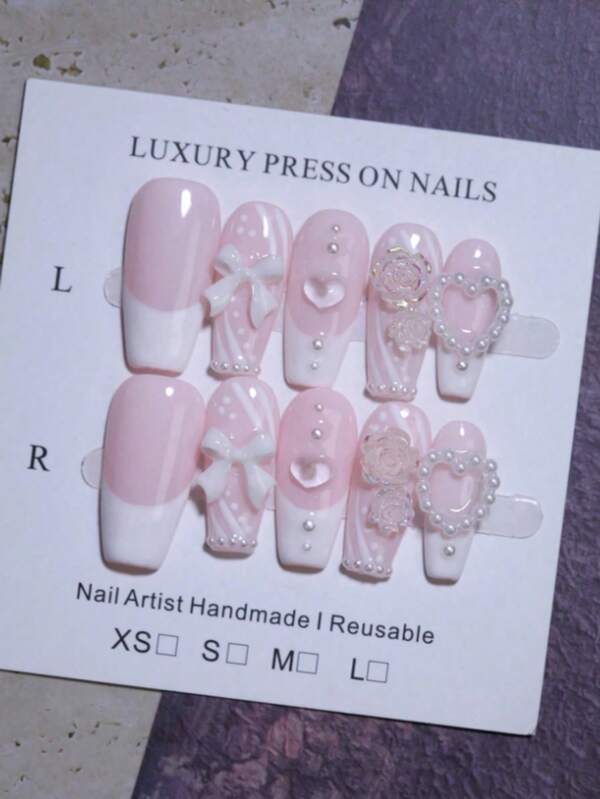 Décorations de clous 3D en forme de nœuds de nœud de cœur, rose pâle, manuel, doux, mignon, design d'art d'ongle 100% fait main. Ongles postiches en forme de cercueil de 10 pièces, moyens et longs. Ongles faux réutilisables pour la conception d'art d'ongle de toutes les saisons. Cadeau pour les filles