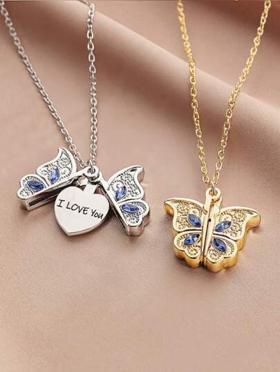 Engraved "I Love You" Rhinestone Butterfly Openable Necklace, Fashionable Pendant Necklace, Valentine's Day Gift