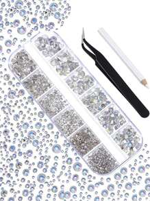 12 rasters/doos platte achterkant nagelkunst strass ronde kralen 6 maten (2-6,5 mm) met opbergdoos, strass-steentjes plukpen voor nagelkunst telefoondecoraties knutselen doe-het-zelf (Paradise Shine)