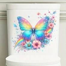 1 pieza Pegatinas de asiento de inodoro con mariposa colorida, decoración autoadhesiva de superficie cerámica con estampado animal, decoración desechable de baño con tema de mariposa y floral, tratamiento de superficie semibrillante, adecuado para decoración del hogar