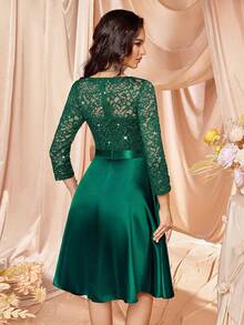MIUSOL Sequin Floral Lace Contrast Satin V-Neck 3/4 Sleeve Swing Dress, Wedding Guest Dress, Semi-Formal Party Dress, A-Line Skirt - Dark Green - View 3