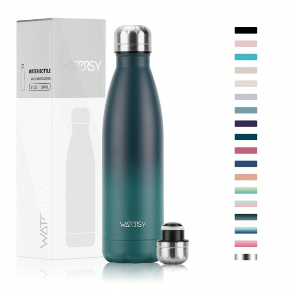 watersy 1pc WATERSY 500ml/17oz Stainless Steel Water Bottle Insulated Sports Water Bottles, Double Insulated Vacuum Flask Keep Cold For 24 Hours And Hot For 12 Hours Drinks - Great For Home, Work, Gym & Travel, For Outdoor, Camping