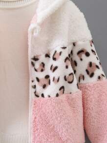 Young Girls Thick Warm Colorblock Leopard Plush Zipper Hooded Jacket, Fashionable Cute Faux Fur Jacket, Autumn/Winter - Pink - View 4