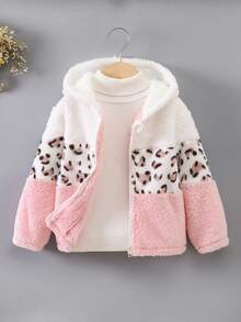 Young Girls Thick Warm Colorblock Leopard Plush Zipper Hooded Jacket, Fashionable Cute Faux Fur Jacket, Autumn/Winter - Pink - View 1
