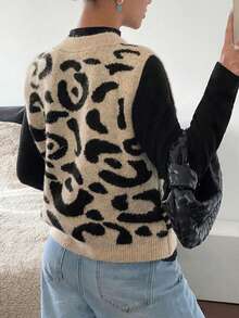 韩版复古豹纹V领单排扣休闲针织背心，百搭