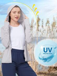 CAMEL CROWN 女款 UPF 50+ 運動外套防曬長袖健行襯衫輕質戶外連帽衫帶口袋 - 淺灰色 - 查看 3