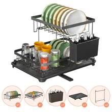 E-MANIS Escurreplatos pequeño de 2 niveles con bandeja recogegotas, ahorra espacio, tamaño 34 x 22 x 26 cm - Negro - Ver 4