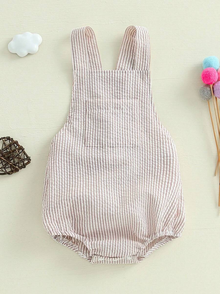 Infant Baby Girl Boy Romper Bodysuit Striped Sleeveless Jumpsuit Overalls One Piece Outfit Summer Clothes - 卡其色 - 查看 1