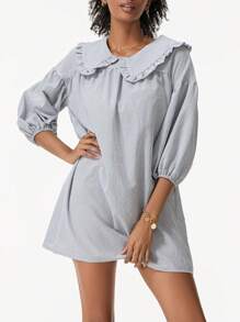 Women's Cute Babydoll Dresses Plaid Print Puff Sleeve Doll Collar Loose Mini Dress For Summer - 卡其色 - 查看 3