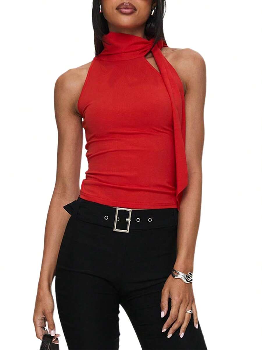 Women's High Neck Tank Tops Sleeveless Solid Color Slim Fitted Tops Summer Shirts - Red - View 1