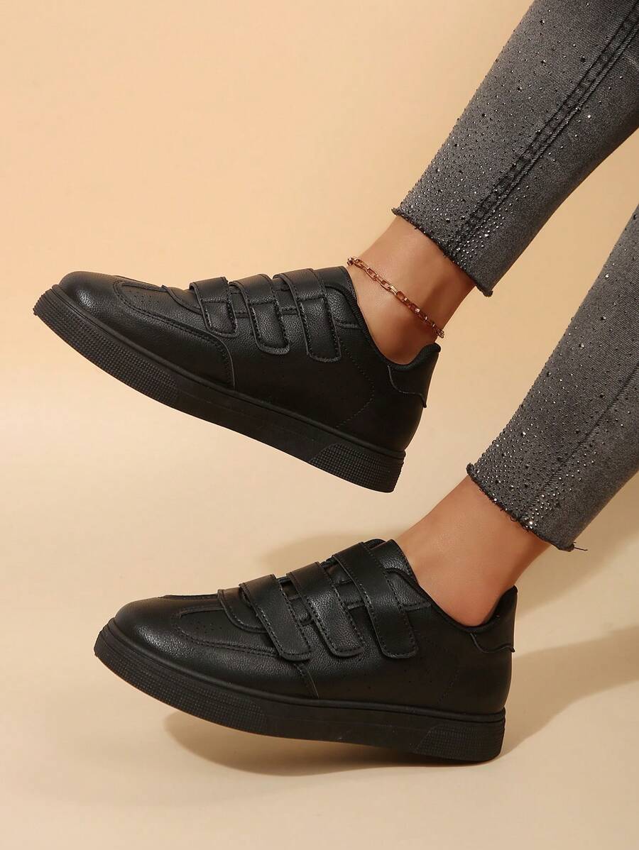 女士新款系带圆头休闲白色运动鞋，适合学生、户外、日常散步、春秋季 - 黑色 - 查看 1