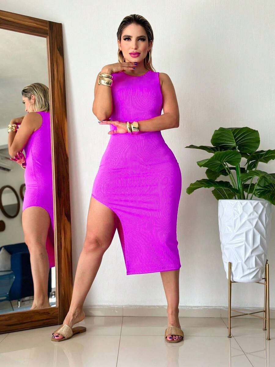 Women Summer Thigh Slit Dress - Violet Purple - View 1