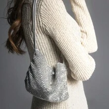 Luxury Designer Wallet And Handbag Set: Sparkling Rhinestone Embellished Clutch Purse And Minimalist Chain Shoulder Bag - Silver - View 8