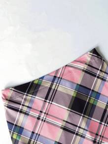 女孩复古校园风粉色格子迷你裙，春夏