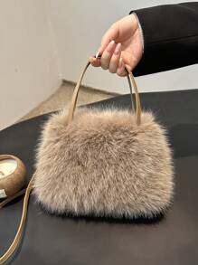 时尚毛绒横款方形毛绒包，都市简约磁扣开口大容量日常手提包斜挎包 - 咖啡棕 - 查看 6