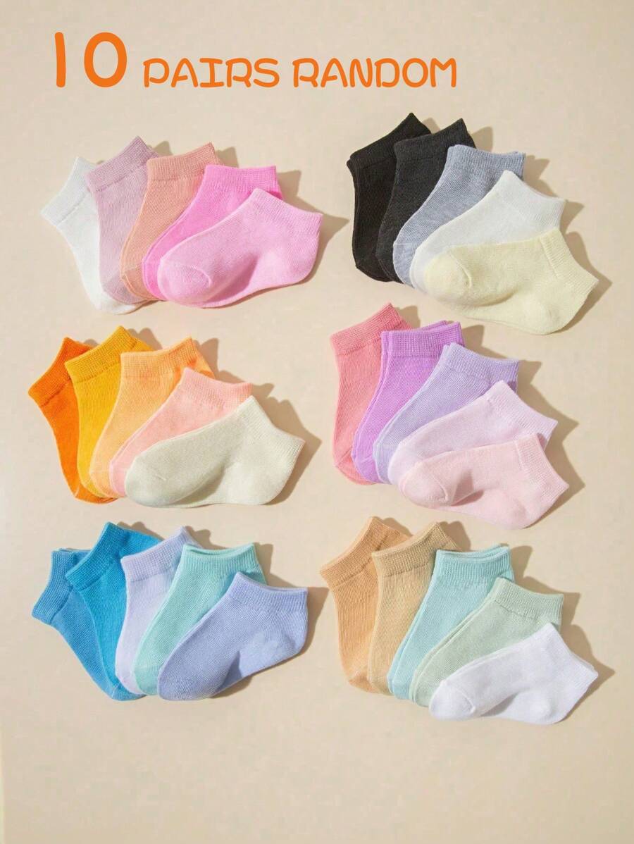 10 双儿童袜子/婴儿袜子，女孩和男孩纯色平底袜，糖果色，校园风格，百搭，柔软舒适，透气，适合儿童运动、居家、返校，多种颜色 - 彩色 - 查看 1